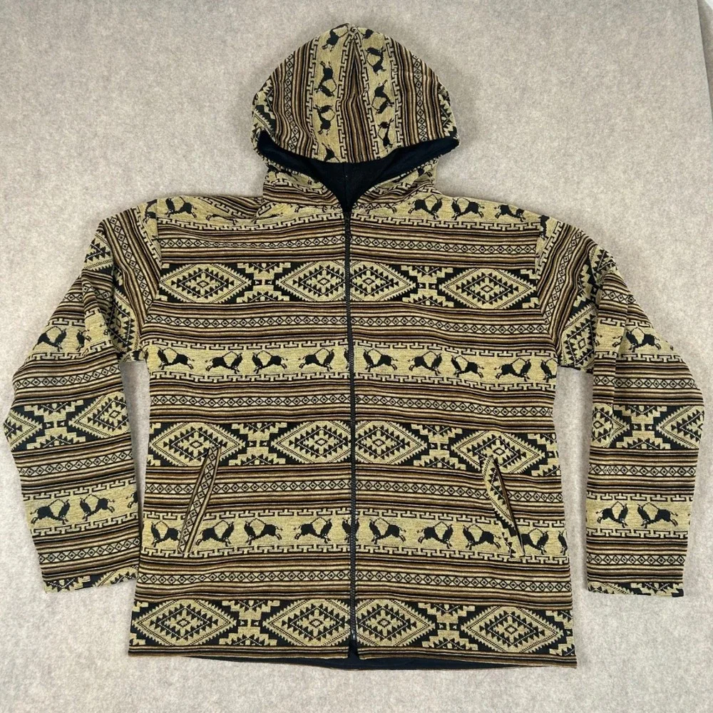 Daqulema Zip Hoodie Mens XL Brown Southwestern Llama‎ Print Ecuador Woven Jacket